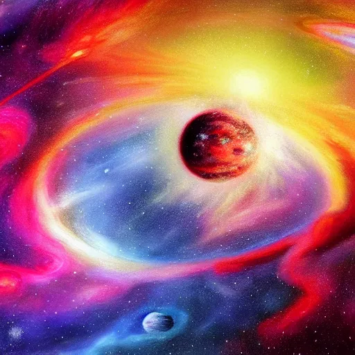 Image similar to the most colorful drawing of the sky, planets and galaxies, vivid, powerful, beautiful, artstation, 8 k