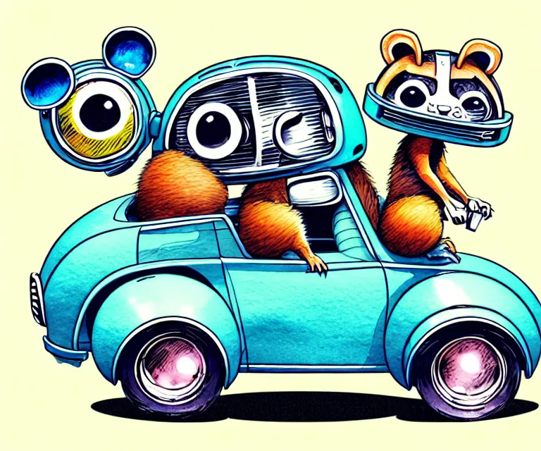 Image similar to cute and funny, racoon wearing a helmet, riding in a tiny hot rod with oversized engine | ratfink style by ed roth, centered award winning watercolor pen illustration, isometric illustration by chihiro iwasaki, edited by range murata, tiny details by artgerm, symmetrically isometrically centered