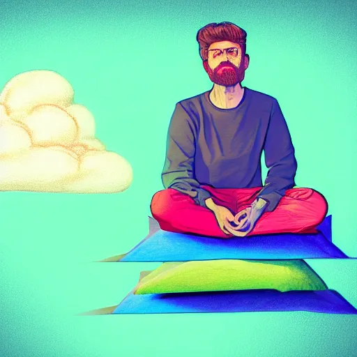 Image similar to digital art drawing of a man sitting on a cloud, colorful, painting, detailed, depth of field, lighting, 8 k render