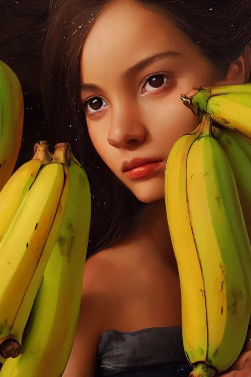 Prompt: portrait of mexican girl with a banana fruit skirt, staring directly into camera, intricate, elegant, glowing lights, highly detailed, digital painting, artstation, sharp focus, illustration, art by wlop, mars ravelo and greg rutkowski