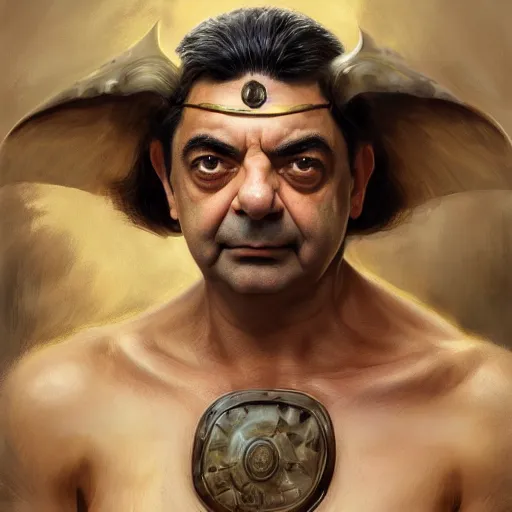 Image similar to portrait of Rowan Atkinson as a barbarian, detailed, centered, digital painting, artstation, concept art, donato giancola, Joseph Christian Leyendecker, WLOP, Boris Vallejo, Breathtaking, 8k resolution, extremely detailed, beautiful, establishing shot, artistic, hyperrealistic, octane render