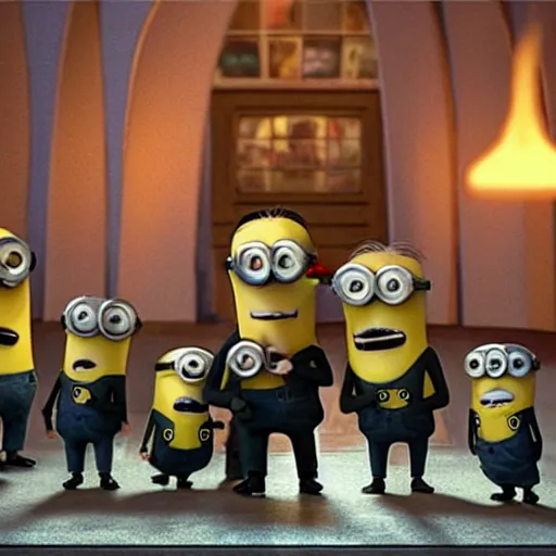 Image similar to “A screenshot from a Despicable Me movie showing Hitler with the Minions, atmospheric lighting, award-winning details”