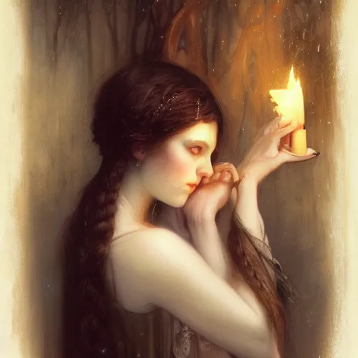 Image similar to pale young ghost girl, by tom bagshaw, by gaston bussiere, by jean deville, candlelight