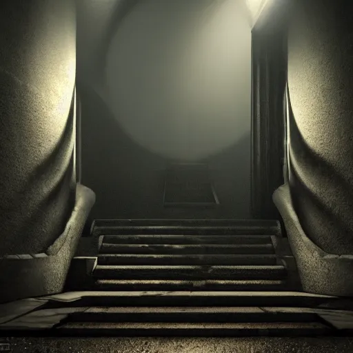 Prompt: staircase labrynth, foggy atmosphere, beam of light, ufos, cinematic lighting, ultra details, incredibly realistic, octane rendering, z brush, unreal engine 5, photorealistic, 8k.