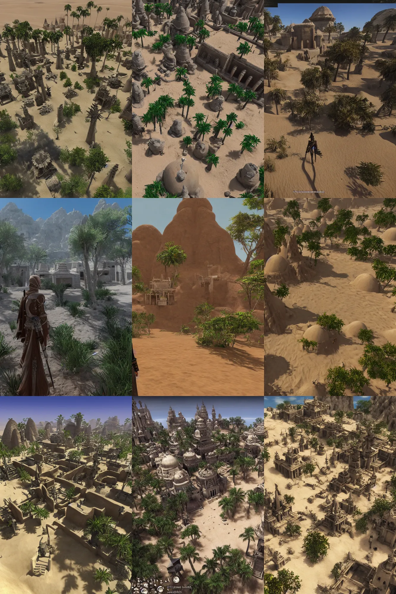 Prompt: an isolated inhabited religious warrior village with pale colored spiritual sacred alien architecture in the lush oasis of a vast sand desert, 3 rd person game, screenshot, gameplay, walkthrough, square enix, jrpg, cutscene