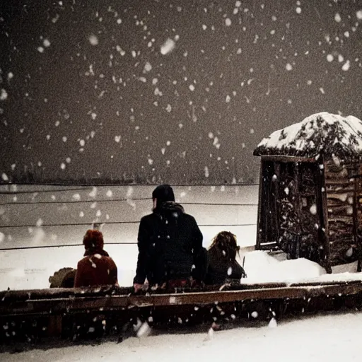 Image similar to a group of people is stuck in a hut while outside there’s a strong snowstorm, cinematic, movie still, film, movie, 35mm, award winning photography