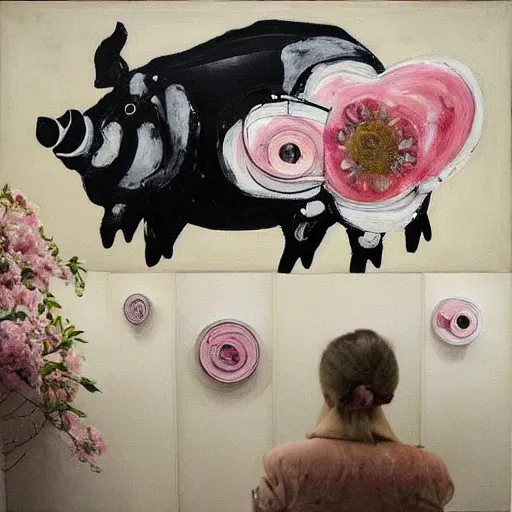 Image similar to “pig paintings and pig sculptures in a pig art gallery, pork, ikebana white flowers, white wax dripping, squashed raspberry stains, acrylic and spray paint and oilstick on canvas, by munch and Dali”