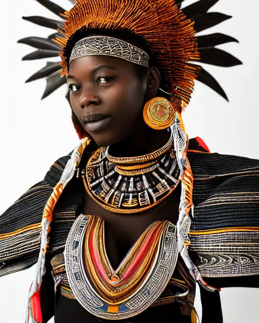 Image similar to centered medium shot fine studio photograph of a beautiful black girl wearing only a solarpunk mecha Maasai helmet with bright lights, ultra-realistic, white background, 8k HDR sunset lit, intricate design