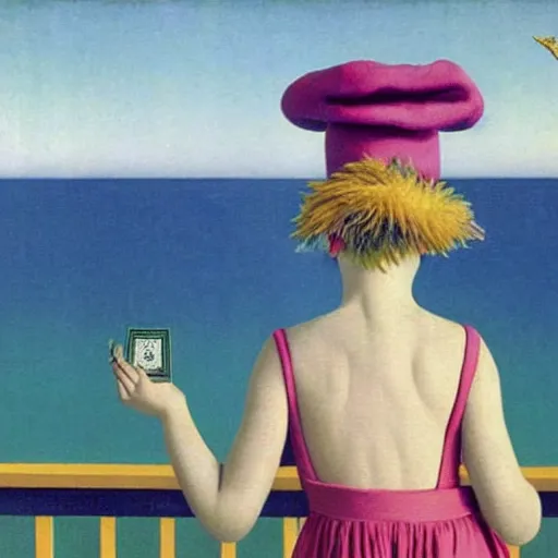 Image similar to An angel girl with jester hat and clothes on the front of a Balustrade with a beach on the background, major arcana cards, by Rene Magritte, hyperrealistic