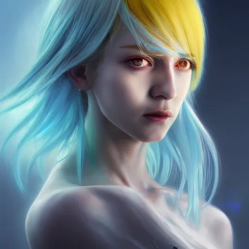 Prompt: portrait of rimuru tempest reincarnated, male, thin pursed lips, sharp jaw yellow iris very narrow very tiny eyes blue hair soft hair blue long length hair, anime, fantasy, intricate, elegant, highly detailed, digital painting, artstation sharp focus, hunterpedia madonna art by artgerm and ruan jia and ross tran