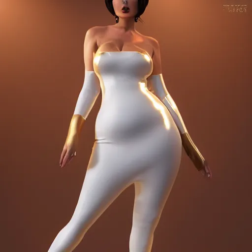 Image similar to curvy feminine hot goth cutie in a sublime elegant polished white latex neck-high gown with golden trim and latex leggings, thin waist, cgsociety, photorealistic, comfy ambience, idealistic, 16k, smooth, sharp focus, trending on ArtStation, volumetric lighting, fully clothed, worksafe