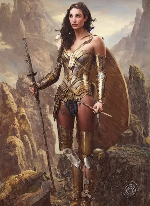 Image similar to highly detailed steampunk armor on gal gadot posing while standing on a rock : leonardo da vinci, greg rutkowski, magali villeneuve