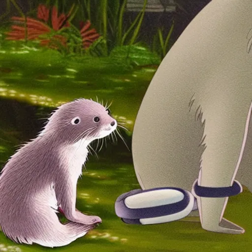 Image similar to studio ghibli otter with overear headphones