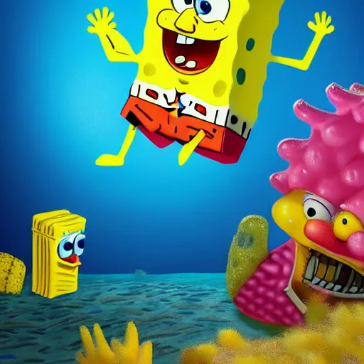 Image similar to real life SpongeBob squarepants and Patrick portrait, render, 4k, hyper realism, photo realistic