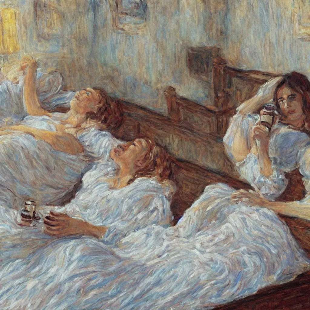 Prompt: a beautiful painting of a beautiful woman drinking coffee in a bed with white sheets drinking coffee in the style of Monet