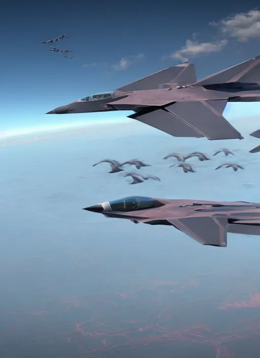 Image similar to hyperrealism, detailed textures, photorealistic 3 d, pilots view of squad flying futuristic stealth fighter jets, flying ultra low over an endless plain of flamingos, ultra realistic, cinematic, intricate, cinematic light, unreal engine 8 k