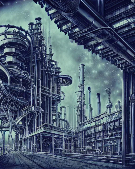 Prompt: a beautiful ultradetailed rendering of architecture arsenal industrial architecture by antoni gaudi, sci - fi galactic cosmic elysian landscape magic realism darkacademia junglepunk uv light, archdaily, wallpaper, highly detailed, trending on artstation.