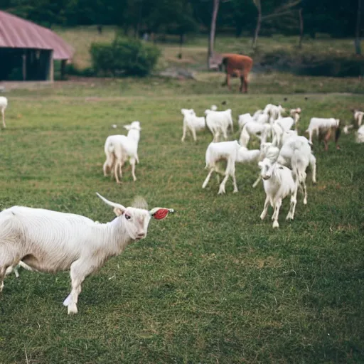 Image similar to scared guy running away from a pack of goats at the farm