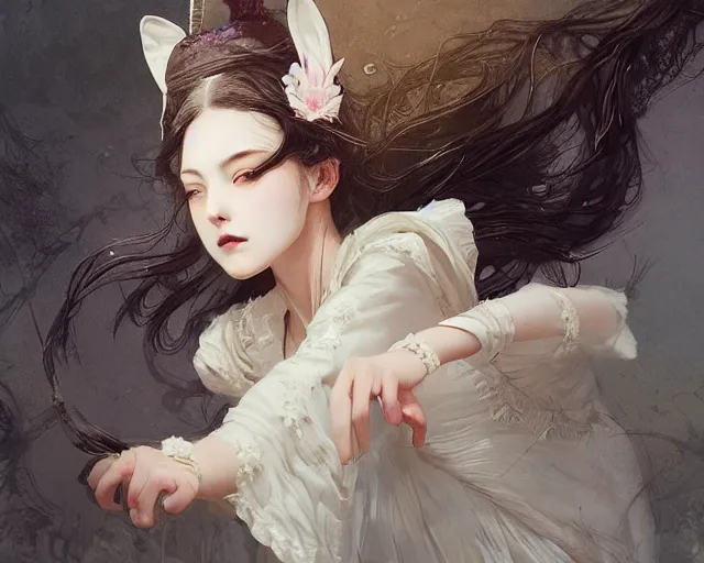 Image similar to victorian dancers with bunny ears and silk cloth and long hair, magnificent, close up, details, sharp focus, elegant, highly detailed, illustration, by Jordan Grimmer and greg rutkowski and PiNe(パイネ) and 薯子Imoko and 香川悠作 and wlop and maya takamura, intricate, beautiful, Trending artstation, pixiv, digital Art