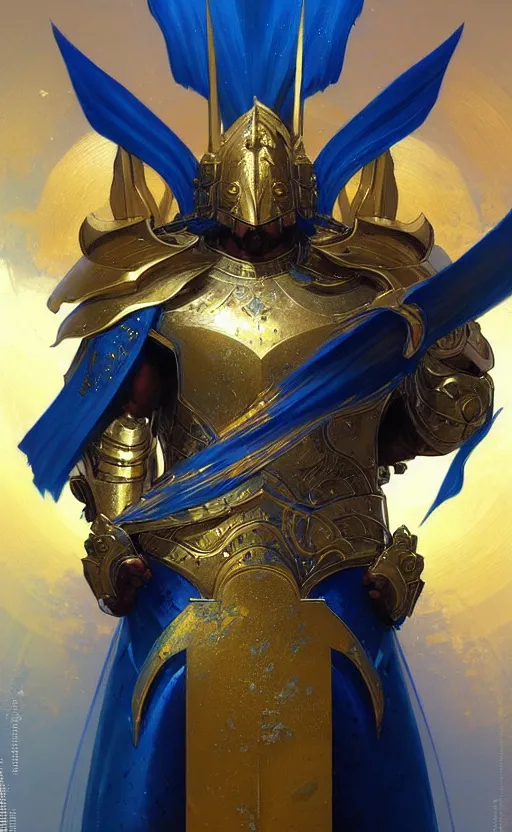 Prompt: The most heavenly divine superheavy warrior king in blue and gold massive armor of thick steel plates, fantasy, highly detailed, digital painting, artstation, concept art, smooth, sharp focus, illustration, art by artgerm and greg rutkowski and alphonse mucha