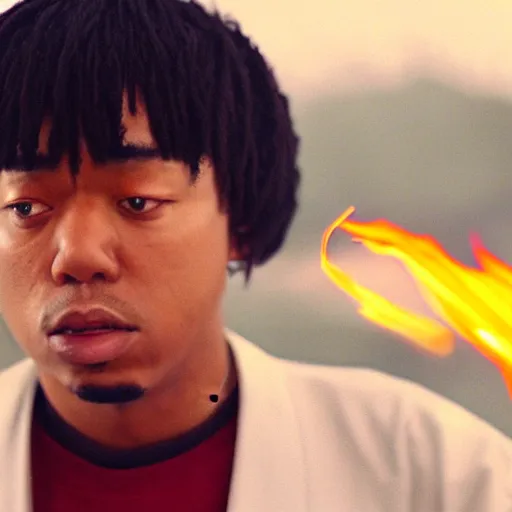 Prompt: cinematic film still of rapper JID starring as a Japanese Sensei with fire, Japanese CGI, VFX, 2003, 40mm lens, shallow depth of field, film photography