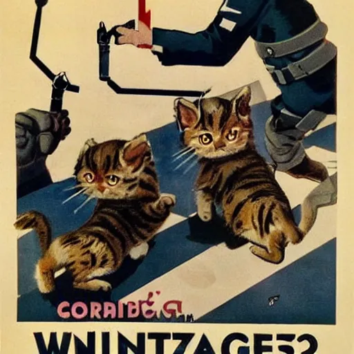 Prompt: a german propaganda poster cute kittens fighting in world war 3, ww 3, dystopian future, communist propaganda