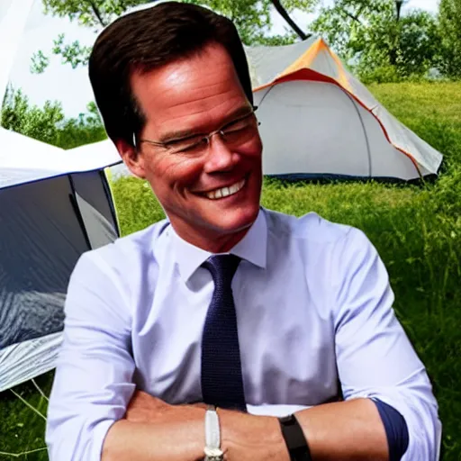 Prompt: mark rutte chilling in front of a tent on a camping in Italy, press photograph