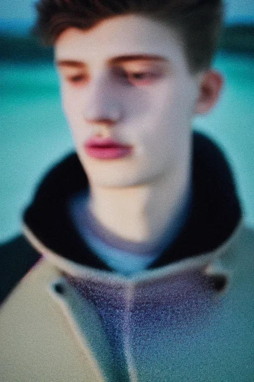 Image similar to high quality pastel coloured film mid angle docu photograph of a beautiful young 2 0 year old male, soft features, short black hair, wearing coat, falling into in an icelandic black rock pool environment. atmospheric. three point light. photographic. art directed. ( pastel colours ). volumetric light. clearcoat. waves glitch. 8 k. filmic.