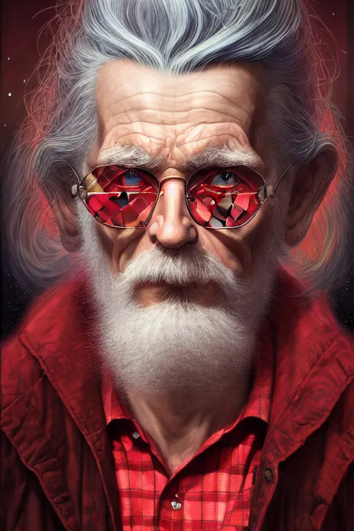 Image similar to an old man wear plaid red shir + long grey hair is the man who know everything in the universe by karol bak, james jean, tom bagshaw, rococo, sharp focus, trending on artstation, cinematic lighting, hyper realism, octane render, 8 k, hyper detailed, vivid, ultra detailed, highly detailed