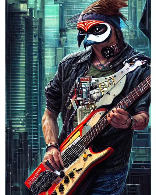 Image similar to a portrait of an anthropomorphic cyberpunk falcon shredding an electric guitar by sandra chevrier, by jon foster, detailed render, tape deck, epic composition, cybernetics, 4 k realistic, cryengine, realistic shaded lighting, sharp focus, masterpiece, by enki bilal