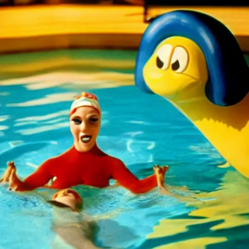 Image similar to a female anthropomorphic nostril in a swimming pool, children's television show, 1974, technicolor