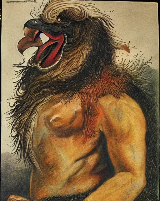 Image similar to human / eagle / lion / ox hybrid with two horns, one big beak, mane, human body. drawn by francis bacon