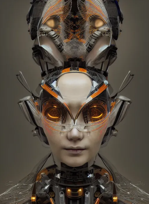 Image similar to portrait of a futuristic geisha cyborg, kintsugi, modern fine art, fractal, intricate, elegant, highly detailed, digital photography, subsurface scattering, in the style of ghost, by jheronimus bosch and yue minjun and greg rutkowski,