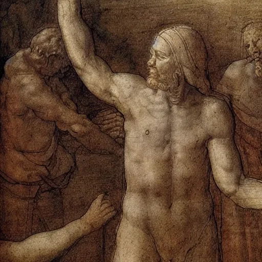 Prompt: Able pleading with God to let Cain stay in heaven with him,medium shot, by Leonardo DaVinci