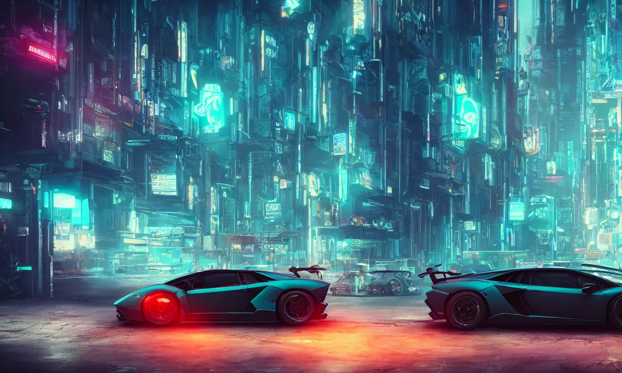 Image similar to insanely moody cinematic render of a lamborghini on cyberpunk city, teal and orange colors, vaporwave, photorealism, cinema still, photography, octane 3 d, vray render, insane details, 8 k high definition, artstation