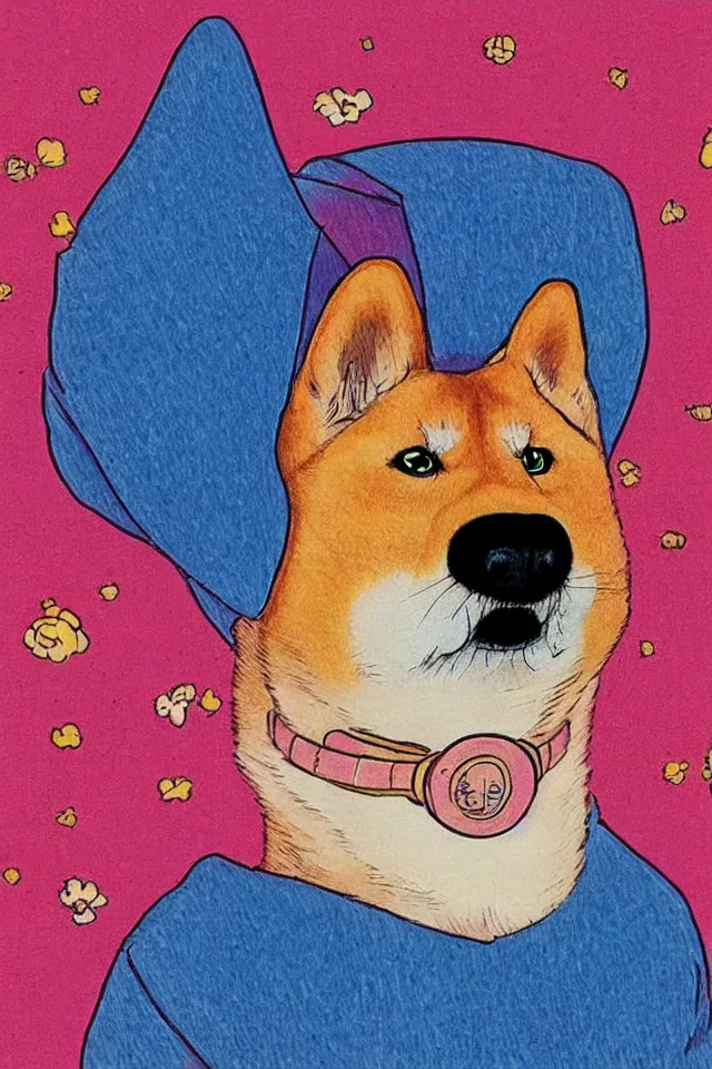 Image similar to a portrait of a shiba inu, in the art style of 8 0 s anime, japanese city pop color palette, naoko takeuchi, hajime yatate