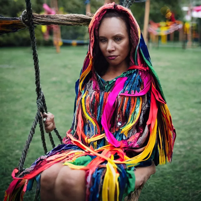 Prompt: a closeup portrait of a woman wearing a cloak made of ribbons, staring at an empty swing playground, claymation,