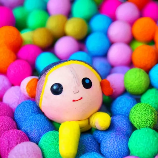 Prompt: an adorable simple ball jointed vejigante doll lovingly crafted by hand at the park, bright and colorful, wearing little festive overalls, worms eye view, macro camera lens, cinematic, focus