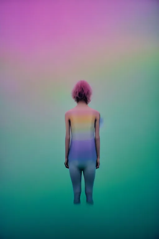 Image similar to high quality pastel coloured film close up wide angle photograph of a model wearing clothing swimming on cloud furniture in a icelandic black rock!! environment in a partially haze filled dreamstate world. three point light, rainbow. photographic production. art directed. pastel colours. volumetric clouds. pastel gradient overlay. waves glitch artefacts. extreme facial clarity. 8 k. filmic.