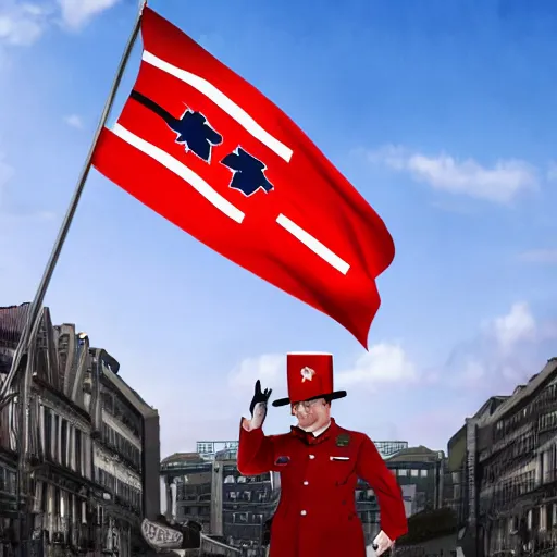 Image similar to a portrait of a socialist bear in a military uniform with a big hat, waving a red flag in Berlin, 4K realistic, hyper detailed, cinematic lighting, wow factor, award winning photo