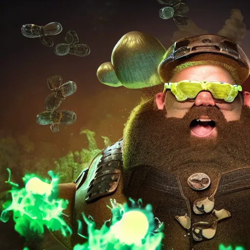 Prompt: highly detailed octane render of a short ugly fat man with a giant beard and wearing armour, goggles and a safety hat whilst laughing at a green mushroom cloud surrounded by dead insects in a cave