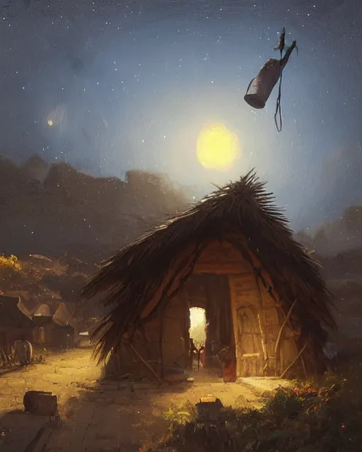 Prompt: Painting by Greg Rutkowski, a big ceramic jug with a gold ornament flies high in the night sky above a small village with built-up huts under thatched roofs