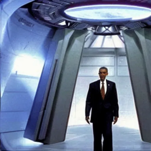 Image similar to barrack obama going through a stargate in the sg - 1 base, holding a goauld in his right hand