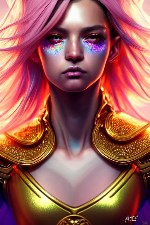 Prompt: hyperdetailed portrait of a stunningly beautiful european girl androgynous guard made of iridescent metals shiny pink gems, bright rainbow gold sparkled nimbus, inspired by ross tran and wlop and masamune shirow and kuvshinov, concept art, intricate, photorealistic, octane render, rtx, hdr, unreal engine, dnd digital art by artgerm