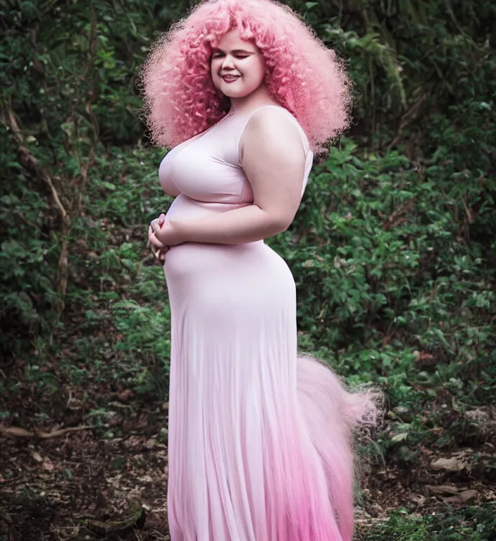 Prompt: a photograph of rose quartz from steven universe, portrait photography, 8 5 mm, iso 4 0 0, focus mode, detailed portrait, gigantic tight pink ringlets, huge curly pink hair, plus size, extremely beautiful and ethereal, warm smile, magical, white dress, pink diamond embedded in her navel, gorgeous, kind features, beautiful woman, flattering photo, daylight