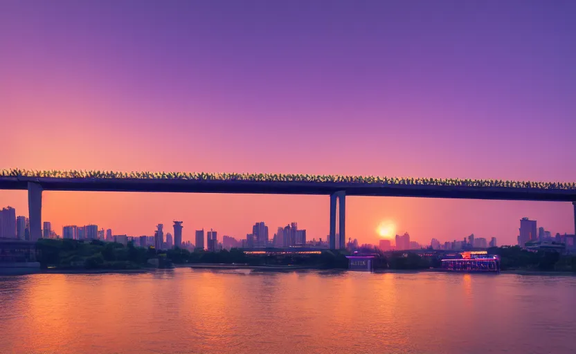Prompt: a photo of wuhan yangtze river bridge, sunset, purple sky, cinematic, 8 k, highly - detailed