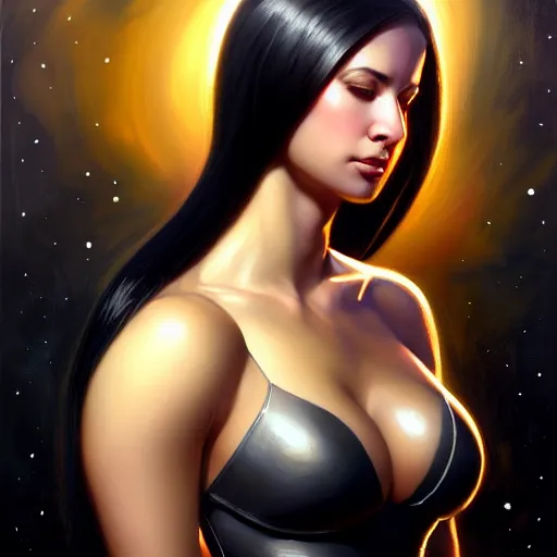 Image similar to a portrait of a very beautiful woman in a spacesuit, Alexandria\'s genesis, shoulder-length black hair, bored, illustration, soft lighting, soft details, painting oil on canvas by mark arian by artgerm, trending on artstation, 4k, 8k, HD