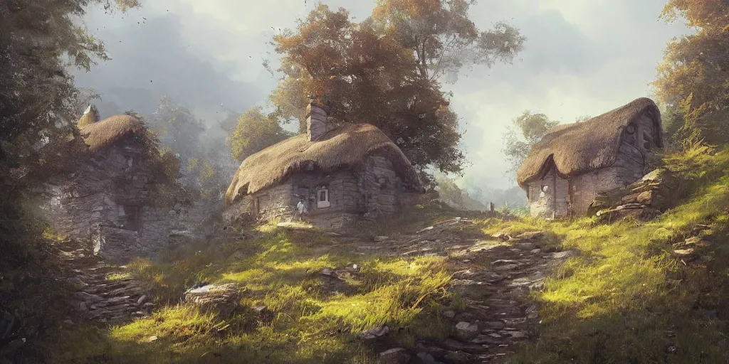 Prompt: a cottage on top of a steep hill, greg rutkowski, zabrocki, karlkka, jayison devadas, trending on artstation, 8 k, ultra wide angle, zenith view, pincushion lens effect