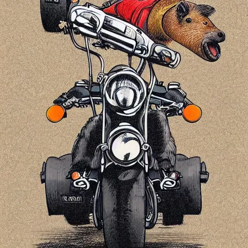 Prompt: “ graffiti of a capybara wearing sunglasses driving a motorcycle, illustration, detailed, realistic ”