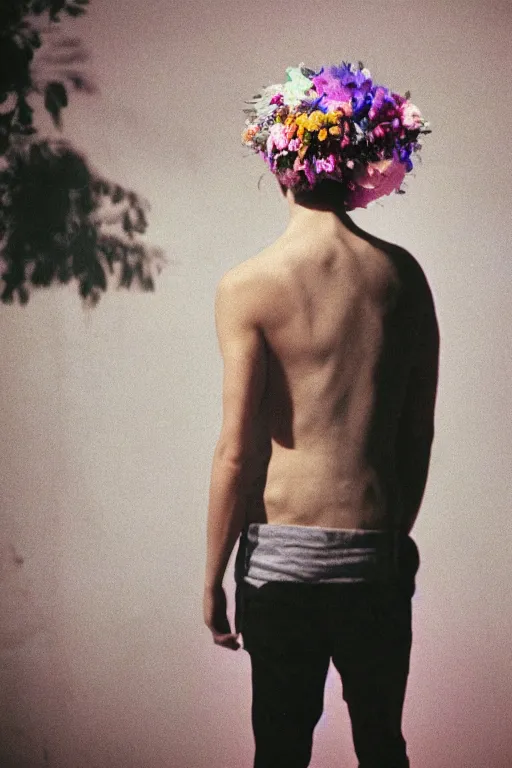 Image similar to kodak portra 4 0 0 photograph of a skinny guy looking into a otherworldly portal, flower crown, back view, vaporwave colors, grain, moody lighting, moody aesthetic,